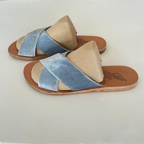 Ancient Greek Sandals Open Toe Blue Velvet Leather Insole Comfy Soft Slip-on - Picture 3 of 7